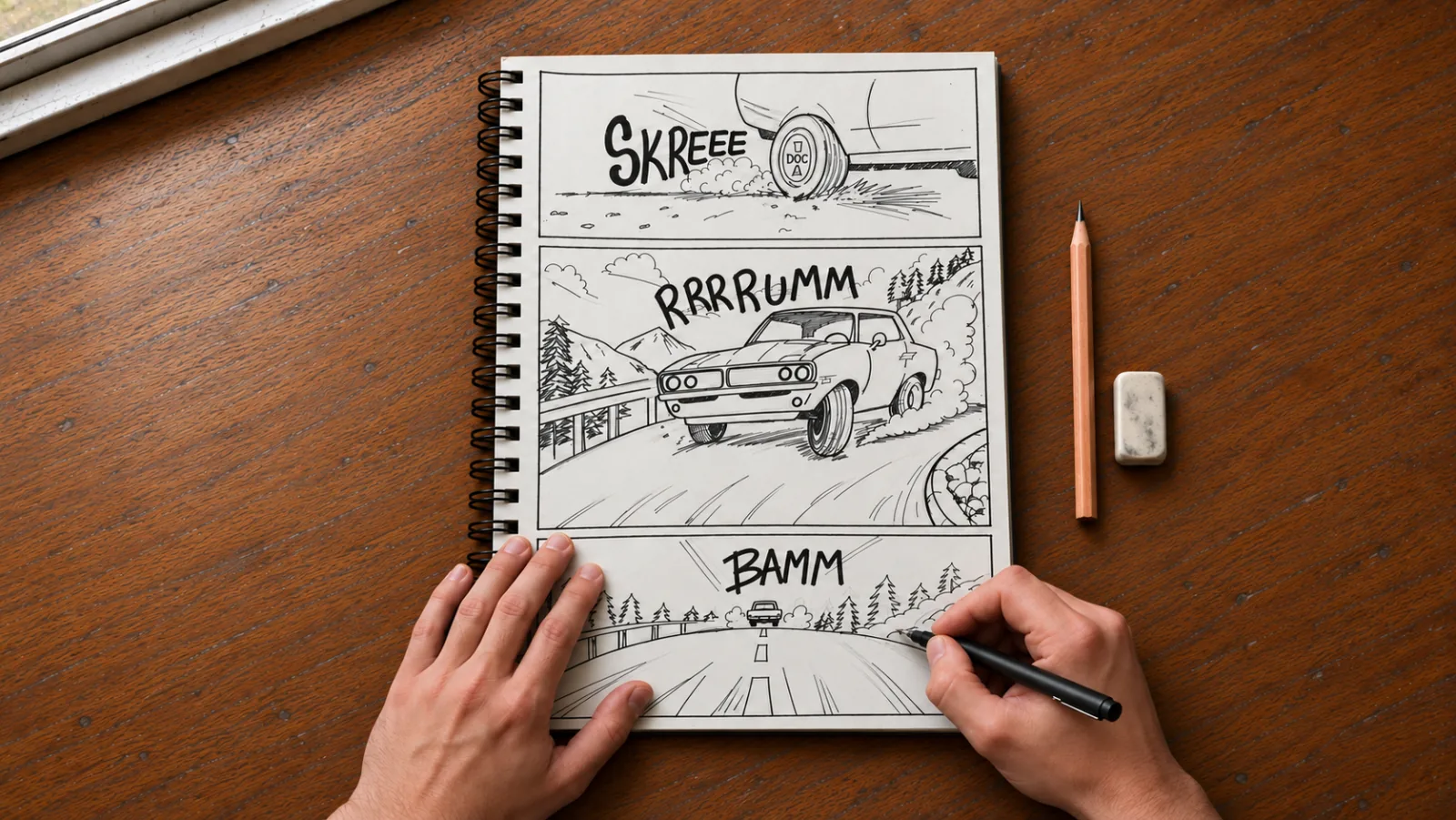 A three-panel comic page of a muscle car chase, drawn in pencil
